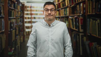 Man, young and handsome, with glasses and moustache smiles and shrugs shoulders amid tall bookshelves and stacked books in a library building  quiet curiosity. © Krakenimages.com