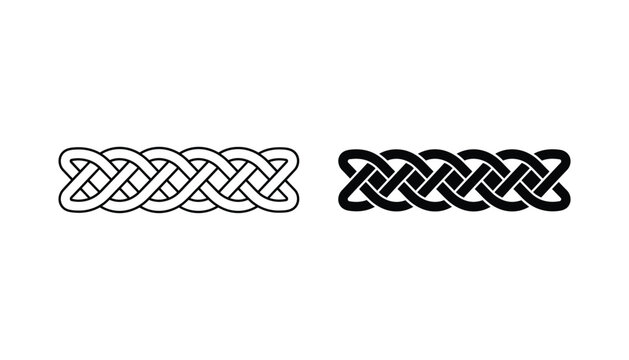 Celtic knot border pattern icon set featuring intricate woven designs in linear and solid black vector silhouettes for historical graphics