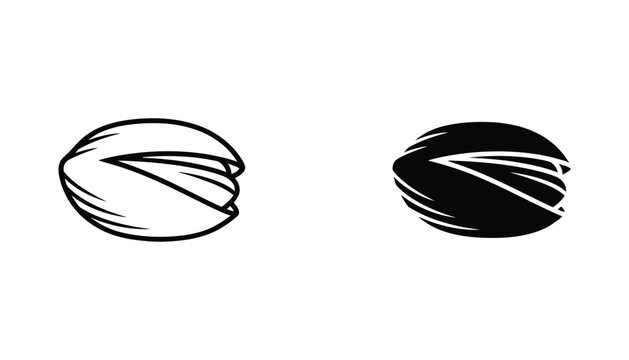 Pistachio nut icon set featuring a cracked open shell for food and culinary branding in linear and solid black vector styles