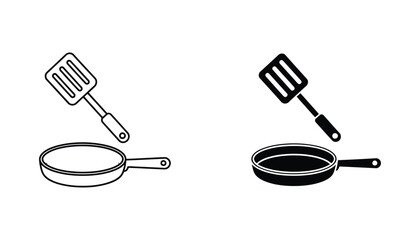 Cooking pan and spatula kitchen utensil icon set featuring a frying pan and flipper in outline and solid black styles for culinary and restaurant branding © RT Technology