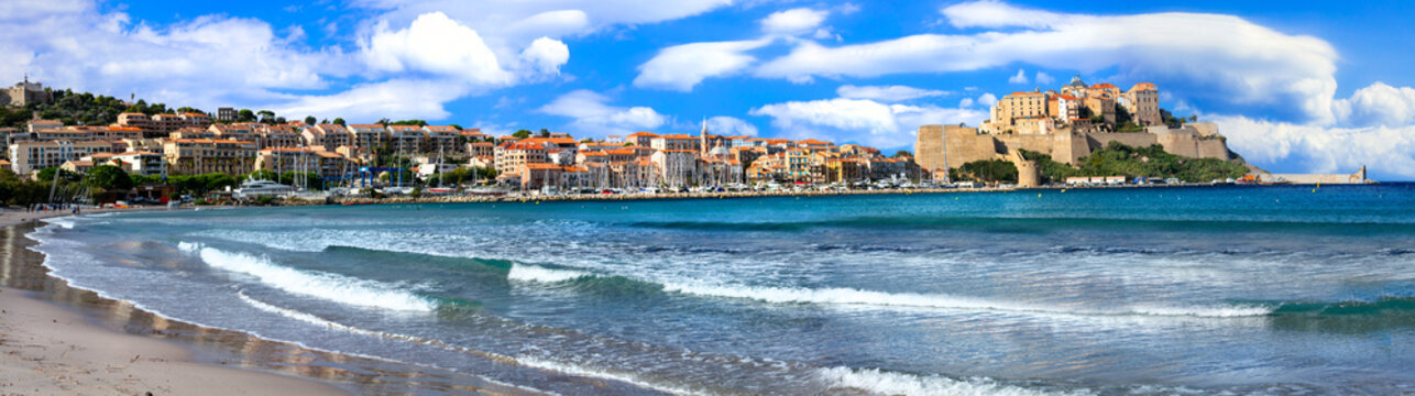 Calvi Corsica 14K Panorama, Scenic Town Beach with Turquoise Waves and No People, Medieval Fortress in Bright Sun Light, French Island Summer Travel Coastal Landscape High Res Wall art print. France 