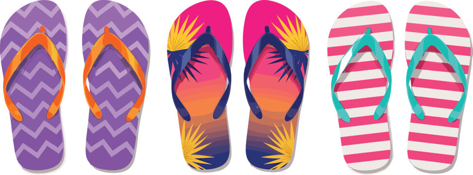 Colorful Flip Flops Set with Summer Patterns, Beach Sandals Collection for Vacation and Seaside Holiday