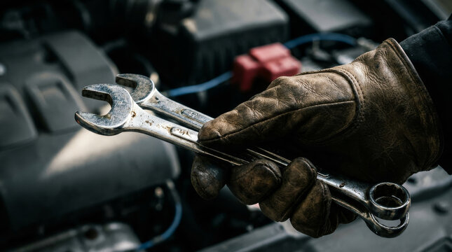 Mechanic's gloved hand holding two wrenches, automotive repair tools for car maintenance and engine service, industrial workshop equipment
