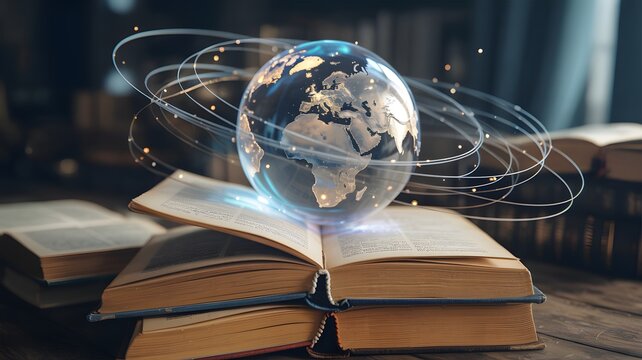 Floating globe above open books with energy lines