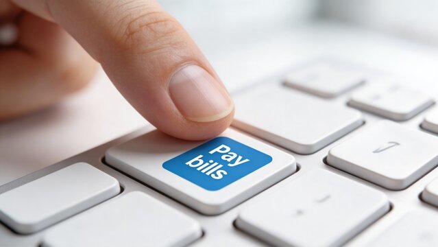 Finger pressing pay bills button on computer keyboard for online payment