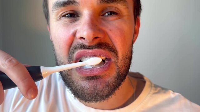 Adult man brushing teeth with electric toothbrush at home, healthy lifestyle, dental care, morning routine.