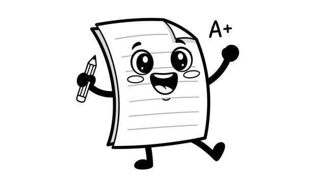 Happy Cartoon Paper Character Holding Pencil with A Plus Grade