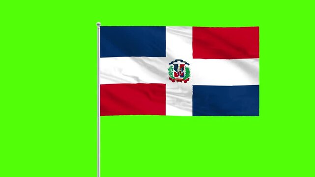 Dominican Republic Flag: The national flag of the Dominican Republic gracefully billows against a solid green backdrop, showcasing its vibrant colors and emblematic symbols.