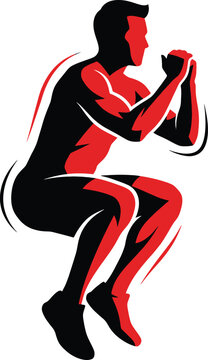 Vector illustration of a man in a squat position with red and black colors