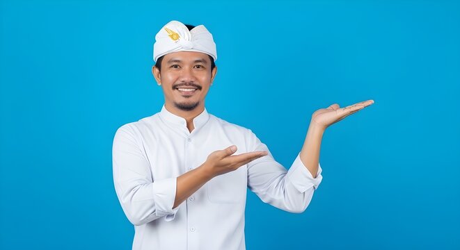 Joyful young Balinese man wearing Indonesian traditional udeng doing inviting gesture.
