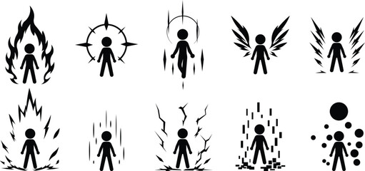 Stickman power aura icon set with energy transformations, Human figure glowing magic and lightning states, Superpower silhouette collection © creatix