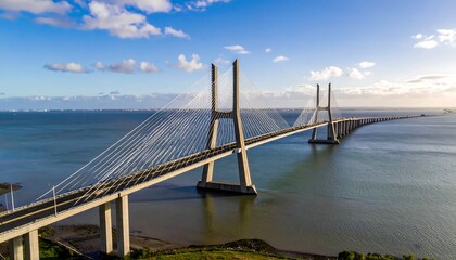 Obraz premium Aerial view of a large suspension structure over serene waters, with bright skies and distant land in view