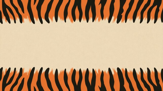 Tiger Stripe Border Background With Blank Beige Center, Bold Animal Pattern Frame In Orange And Black Tones For Creative Design Projects, Decorative Layouts