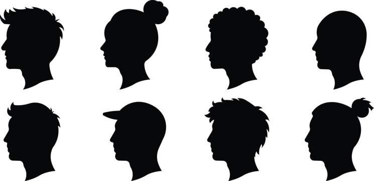 Male hairstyle silhouette profile set with modern haircuts, Men head side view barber style icons, Hair fashion profile collection