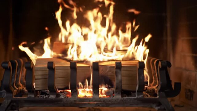 A cozy, rustic-modern brick fireplace hearth with luxurious rug and plush cream blanket. Natural logs and vibrant, flickering flames with dreamlike bokeh, bathed in warm firelight. Ultimate home