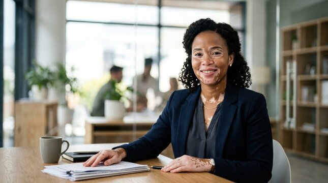 Confident Businesswoman with Vitiligo Smiling at Desk in Modern Office