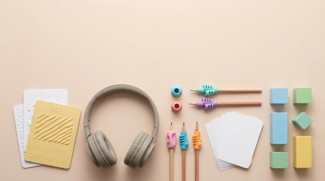 Top View of Inclusive School Supplies Arranged in a Clean Flat Layout