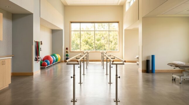 Modern Rehabilitation Room with Parallel Bars and Open Pathways