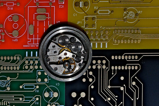 Twenty one jewel mechanical watch on colorful circuit boards 