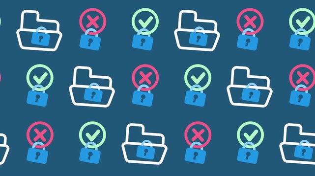 Seamless pattern of locked folders with checkmark and cross icons for data audit wallpaper. Abstract background with secure database management symbol and access verification screen backdrop.