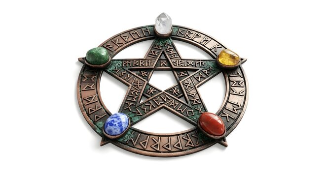 Bronze pentagram with five colorful gemstones and runic inscriptions on white background