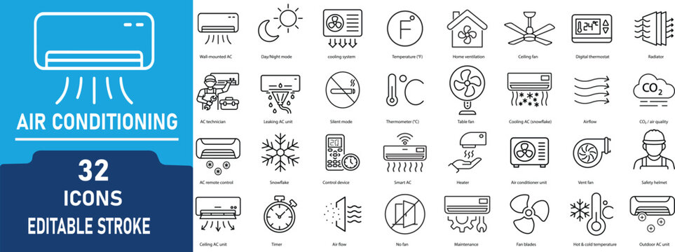 Air Conditioning Line Icon Set. Contains icons related to HVAC, cooling system, ventilation, temperature control, air conditioner, climate control, maintenance, repair service, and indoor air quality.
