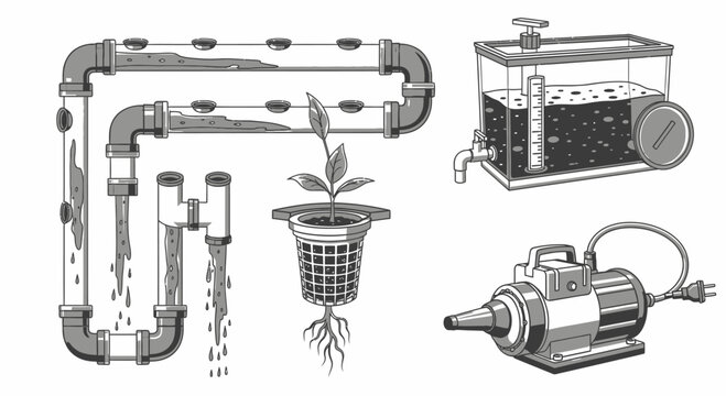 Hydroponic Farming System Components and Equipment Illustration