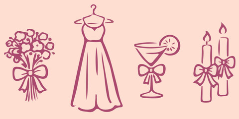 elegant bridal wedding icon set with bouquet wedding dress cocktail glass and candles in dusty rose pink hand drawn line art illustration © Sumaia
