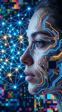 Um close-up de um rosto humano de perfil fundindo-se com circuitos de luz neon azul e dourada. 
