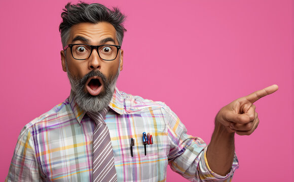 Un momento expresivo de una persona mayor muestra humor, personalidad, gestos llamativos y un car&aacute;cter vibrante en un entorno moderno y colorido. Un adulto mayor se&ntilde;ala hacia un lado con una expresi&oacute;n