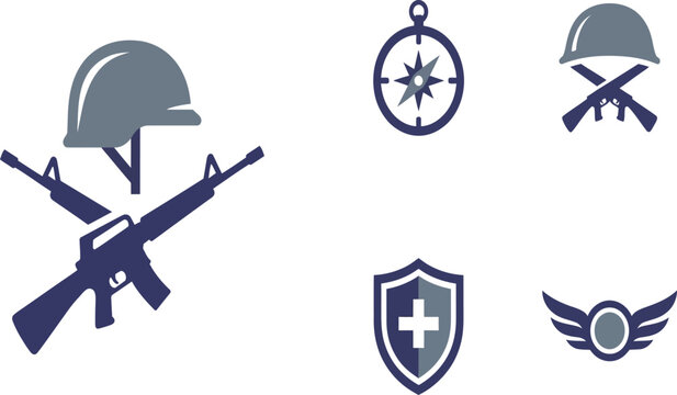 Military icon set with assault rifles and tactical gear, flat army equipment vector collection, navy blue soldier helmet and compass symbols for war games and memorial designs