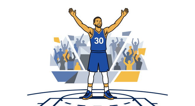 Basketball player celebrating successful three point shot with arms raised and cheering crowd behind. Victory pose. Concept of achievement confidence and game success