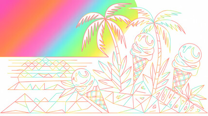 Obraz premium A vibrant vector illustration featuring a tropical beach party scene rendered in colorful geometric