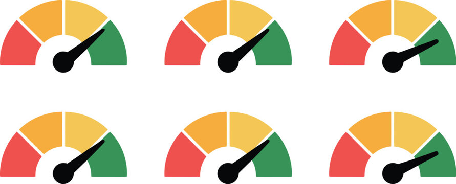 Speedometer gauge icon set, vector illustration of six dial gauges with varied needle positions for speed monitoring performance tracking and UI dashboard design.