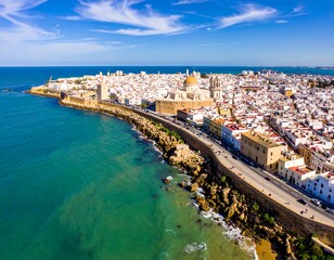 Fototapeta premium Aerial view of a coastal city, showcasing dense white buildings, a protective seawall, and a clear blue sea under a bright sky