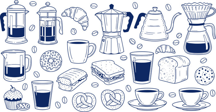 Blue line art coffee shop items french press coffee maker cups croissants bread.
