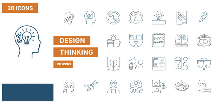 Design thinking line icons set for creative problem solving and innovation processes