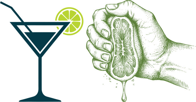 Squeezing fresh lime juice into martini glass, delicious tropical drink.
