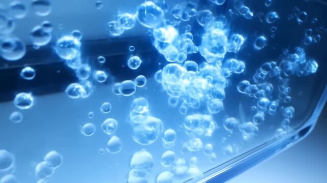 Close-up view of numerous bubbles trapped under the transparent surface of a blue-tinted object with a reflective edge.
