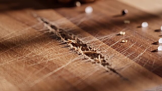 Closeup of a wellused wooden cutting board with a deep crack and scattered peppercorns.