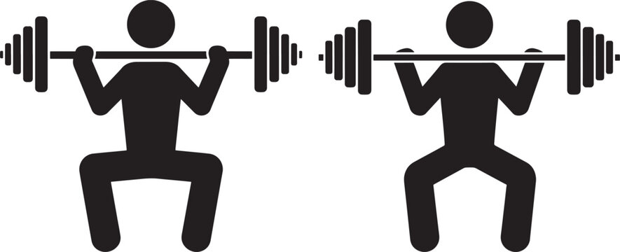 Stick figures squatting with barbells weight lifting exercise.