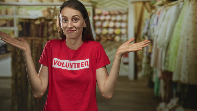 Woman shrugs with palms up wearing red volunteer t-shirt in store aisle; charity work uncertainty.