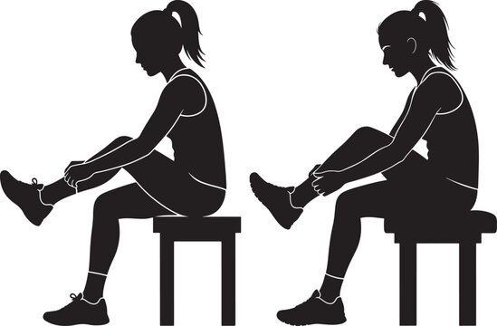 Woman tying shoelaces on bench silhouette person.