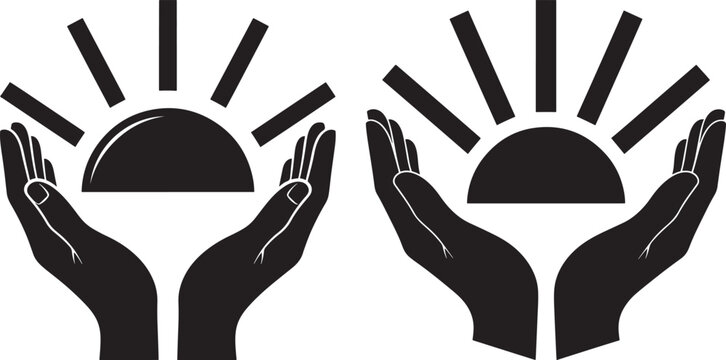 Hands holding sun rising icon silhouette.