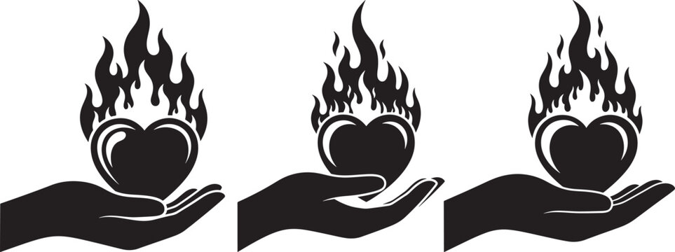 Heart on fire held in hand icon silhouette.