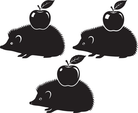 Cute hedgehog silhouette carrying apple on its back illustration.
