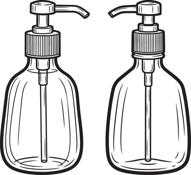 Two clear plastic soap dispenser bottles with pumps black outline.