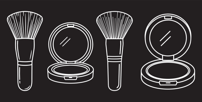 Makeup brushes and compact powder cases black and white line art.