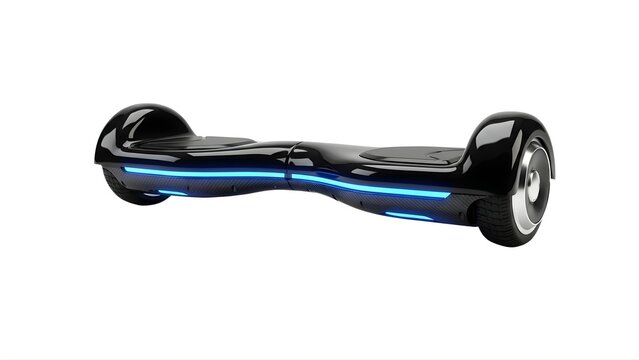 A sleek black hoverboard with blue lights on transparent background