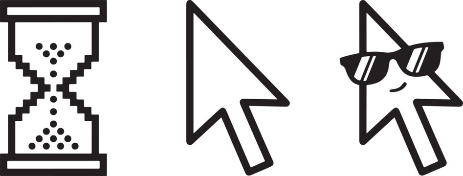 Set of computer mouse cursor icons including hourglass, arrow, and cool pointer